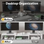 BONTEC Dual Monitor Stand Riser with Smartphone Holder, Adjustable Length & Swivel Angle, Ergonomic Wooden Desktop Organizer for PC Monitor, Laptop, Printer, Large Storage, White - Image 3