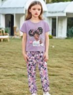 mksodop Girls Clothes 2 Pieces Solid Color Short Sleeve Fashion Printed T-Shirt and Camouflage Pants Girls Outfits Set - Image 4