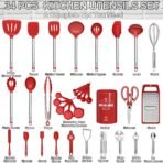 Kitchen Utensils Set- Umite Chef 34 PCs Cooking Utensils with Grater, Spoon Spatula, Heat Resistant Food Grade Silicone, Stainless Steel Handles Kitchen Gadgets Tools Set for Nonstick Cookware(Red) - Image 4