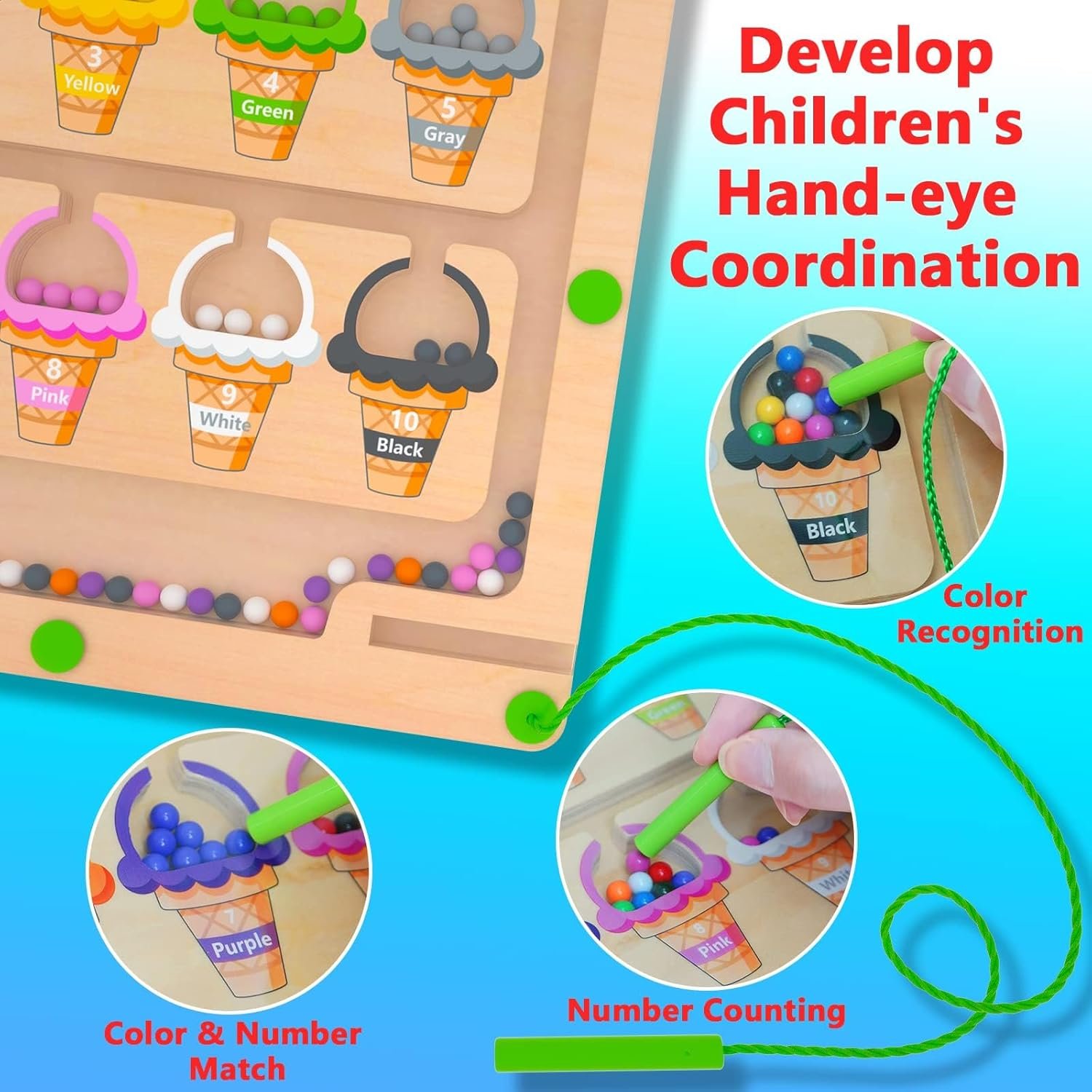 Magnetic Color & Number Maze - Montessori Wooden Color Matching Learning Counting Puzzle Board - Toddler Fine Motor Skills Toys for Boys Girls 2 3 4 Years Old - Image 5