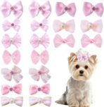 20 PCS Cute Dog Hair Bows with Rubber Bands Elastic Handmade Mix Style Lace Rhinestone Pearls for Furry Puppy Cat Pet Girl, Pink - Image 2