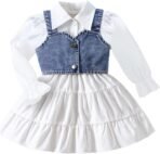 2Pcs Kids Girl Toddler Long Sleeves Lapel Button Down Shirt Dress Denim Vest Set 4-7 Years - Image 2