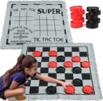 3-in-1 Vintage Giant Checkers, Tic, Tac, Toe, with Reversible Mat, 24 Chips, Family Board Game, Lawn Game, BBQ Party Favor, Indoor and Outdoor Activity for Kids and Adults - Image 2