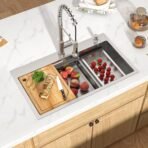 33x19 Drop In Kitchen Sink - Workstation All-In One 16 Gauge 304 Stainless Steel Single Bowl Topmount Sink with Cutting Board, Colander, Wash Basin, and Drying Rack #TLT-0042 - Image 2