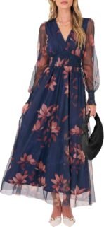 ANRABESS Women's Floral Maxi Dress 2025 Fall V Neck Puff Long Sleeve Flowy Casual Wedding Guest Tea Party Tulle Dresses - Image 2