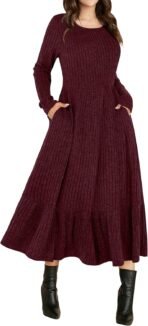 ANRABESS Womens Long Sleeve Midi Dress Spring Rib Knit Crew Neck A Line Soft Flowy Swing Dresses with Pocket Casual Trendy - Image 2