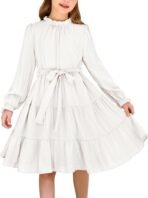 Arshiner Girls Long Sleeve Dress Tween Fall Formal Party Holiday Midi Tiered Flowy Swing Dresses with Belt 5-13 Y - Image 2