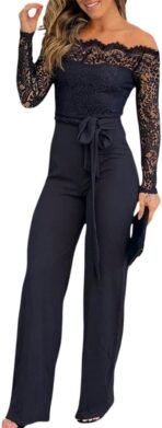 CHICME Womens Dressy Jumpsuits Casual One Piece Outfits Off Shoulder Lace Trim Overalls Straight Leg Pants - Image 2