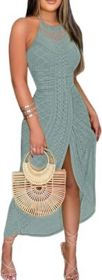CHICME Womens Summer Halter Dress Hollow Out A Line Vacation Dresses with Eyelet Embroidery & Side Slit - Image 2