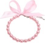 Dog Cat Pearls Necklace Collar with Bling Accessories and Ribbon Bow Pet Puppy Jewelry for Female Dogs Cats Small Medium (S, Pink) - Image 2