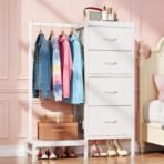 Dresser with Hanging Rack, 4 Drawers Small Closet for Bedroom, Reversible Fabric Kids Chest of Drawers with Clothes Rack, Tall Storage Tower, Sturdy Frame, White, 44''H - Image 2