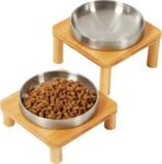 Elevated Cat Bowls for Indoor Cats – Raised Bamboo Cat Bowl Stand with 5.5 Inch Wide Stainless Steel Dishes, Pet Food Table Plate for Easy Feeding, Whisker Friendly(Silver,Set of 2) - Image 2