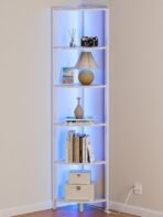 Furnulem 6 Tier Corner Shelf with LED Light, 67.5” Tall Standing Shelf Organizer, White Narrow Bookshelf with Storage Rack for Wall Corner, Living Room, Bedroom, Metal Frame, Wood Display Shelf - Image 2