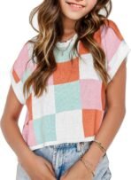 Girls Spring Crop Tops 2026 Summer Sweaters Cute Cap Sleeve Colorblock Loose Teen Top School Picture Outfits - Image 2