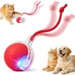 Interactive Electric Automatic Rolling Moving USB Rechargeable Self Activated Play Stimulation Toy Smart Chase Teaser Ball with Speedy Tail Rope for Bored Adult Indoor Cats Puppy Dogs, Red - Image 2