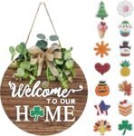 Interchangeable Seasonal Welcome Sign Front Door Decoration, Rustic Round Wood Wreaths Wall Hanging Outdoor, Farmhouse, Porch, for Spring Summer Fall All Seasons Holiday Halloween Christmas. - Image 2