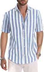 JMIERR Men's Casual Stylish Short Sleeve Button-Up Striped Dress Shirt Cotton Beach Shirts - Image 2