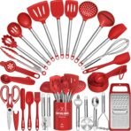 Kitchen Utensils Set- Umite Chef 34 PCs Cooking Utensils with Grater, Spoon Spatula, Heat Resistant Food Grade Silicone, Stainless Steel Handles Kitchen Gadgets Tools Set for Nonstick Cookware(Red) - Image 2