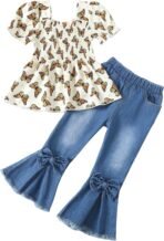 Kucnuzki Toddler Kids Girls Clothes Short Sleeve Shirt Top Flare Denim Jeans 2 Piece Outfits For Girls Cute Clothing Set - Image 2