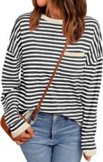 LILLUSORY Womens Striped Soft Knit Pullover Sweater Loose Fit Shirts with Chest Pocket - Image 2