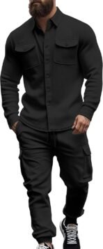 Men's Fleece Cargo Jacket Tracksuit Set 2 Pieces Solid Color Long Sleeve Button up Jacket and Cargo Pants Set - Image 2