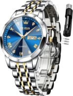 OLEVS Watch for Men Diamond Business Dress Analog Quartz Stainless Steel Waterproof Luminous Date Two Tone Luxury Casual Wrist Watch Blue - Image 2