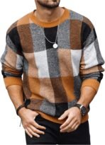 OYOANGLE Men's Color Block Plaid Print Long Sleeve Crew Neck Sweater Pullover Tops - Image 2