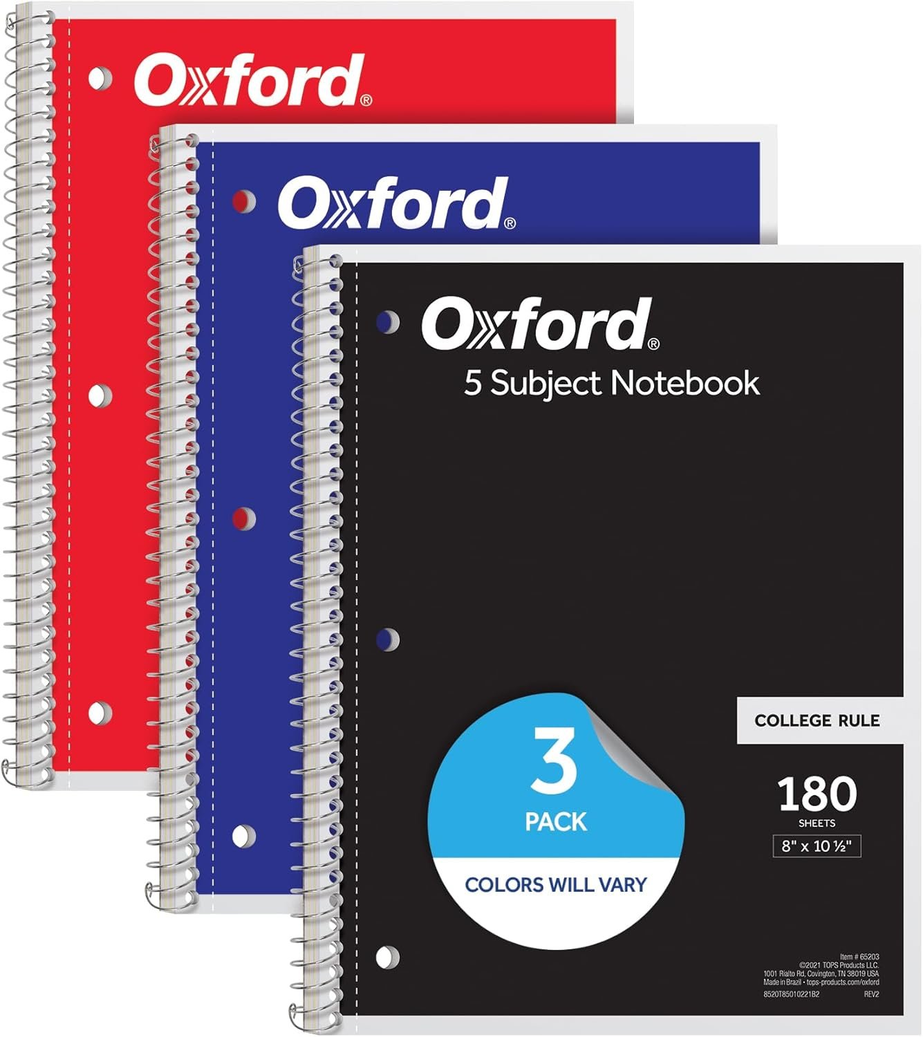 Oxford Spiral Notebooks, 3 Pack, 5 Subject, College Ruled Notebooks for School, 8 x 10.5 Inches, 180 Sheets, 4 Dividers, Assorted Colors, Back to School Supplies (65203) - Image 2