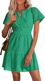 PRETTYGARDEN Womens 2026 Summer Short Dress V Neck Short Sleeve A Line Hollow Out Lace Cute Casual Beach Party Spring Dresses - Image 2