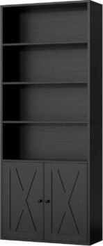 Shintenchi Bookshelf, Industrial Bookshelves and Bookcases with Doors Floor Standing 6 Shelf Display Storage Shelves 70.9 inches Tall Bookcase for Home Office, Living Room (Black) - Image 2