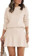 Tankaneo Womens Skirt 2 Piece Sweater Set Long Sleeve Crewneck Sweaters Pleated Mini Skirt Knit Lounge Sets - Image 2