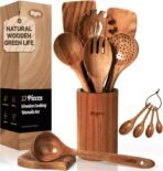 Wooden Spoons for Cooking, Nonstick Kitchen Utensils Set with 4 Piece Measuring Spoons, Comfort Grip Wooden Spatula Set, 9 Piece Teak Wooden Cooking Utensils with Holder and Spoon Rest - Image 2