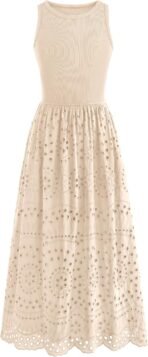 dowerme Women Summer Dresses 2026 Casual Sleeveless Crewneck A-Line Boho Lace Eyelet Cotton Tank Maxi Dress with Pockets - Image 2