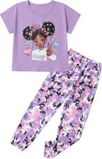 mksodop Girls Clothes 2 Pieces Solid Color Short Sleeve Fashion Printed T-Shirt and Camouflage Pants Girls Outfits Set - Image 2