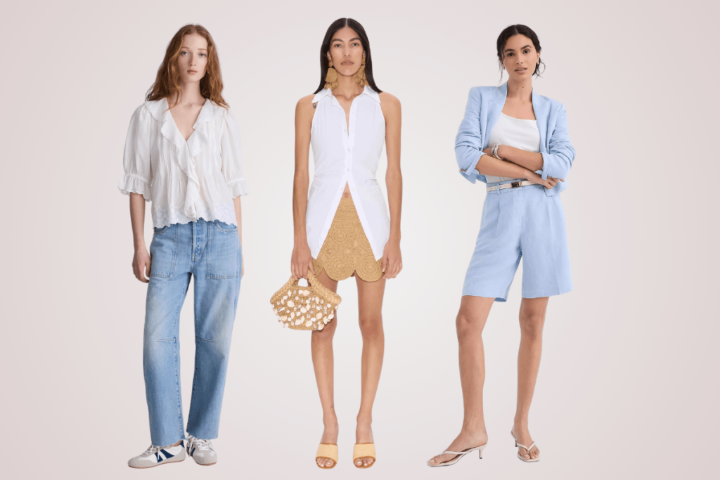 Three women showcase summer fashion trends: jeans with a blouse and sneakers, a sleeveless top paired with shorts and sandals, and a blue shorts suit styled with heels.