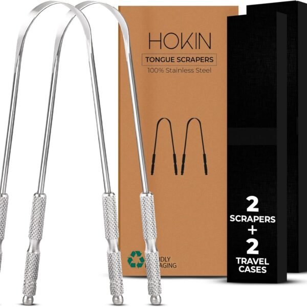 Tongue Scraper for Adults by HOKIN (2Pcs Oral Care Pack) Stainless Steel Tongue Cleaners Reduce Bad Breath 100% Metal Tough Scrapers Men and Women Hygiene Product